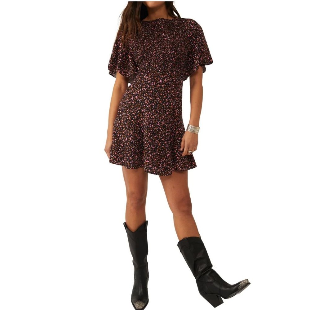 NEW Free People Florence Mini Dress Floral Lace Up Smocked Evening Combo Black - Picture 8 of 12